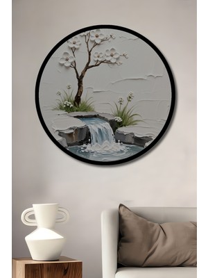 Petmudo AVM El Yapımı Dokulu Sakin Şelale ve Kiraz Çiçekleri Ahşap Tablo Yuvarlak Duvar Tablosu Çerçeve Görünüm