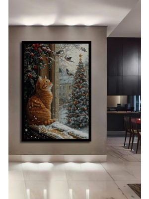 Petmudo AVM Kış Manzarası Renkli Kedi ve Noel Ağacı Yağlı Boya Görünümlü Ahşap  Tablo Çerçeve Görünümlü