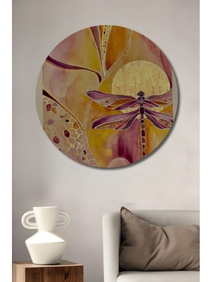 Petmudo AVM Sulu Boya Görünümlü Yaldızlı Kelebek ve Altın Güneş Ahşap Dekoratif Tablo Yuvarlak Duvar Tablosu