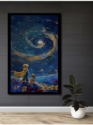 Petmudo AVM Küçük Prens ve Tilki Yıldızlı Gecede Ahşap Ev,antre,ofis,mutfak,yatak Odası Tablo Çerçeve Görünümlü