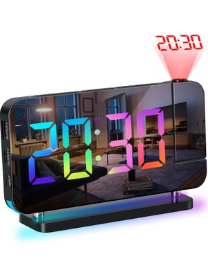 Etashop Rgb Projeksiyonlu Çalar Saat -7AYNA LED Dijital Saat Tavana Zaman Yansıtma USB & Type C Şarj Rgb Atmosfer Gece Lambası Siyah