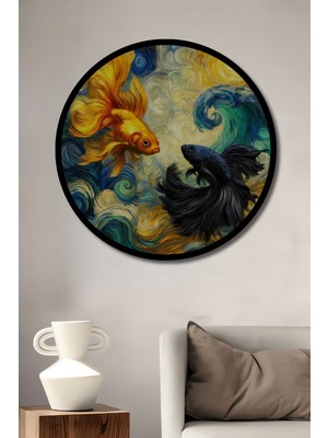 Petmudo AVM Altın ve Siyah Betta Balıkları Modern Sanat Ahşap Tablo Yuvarlak Tablo Çerçeve Görünümlü