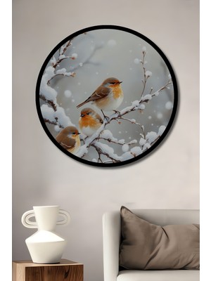 Petmudo AVM Kışın Şarkısı Kuşlar Yağlı Boya Görünümlü Ahşap Tablo Yuvarlak Duvar Tablosu Çerçeve Görünümlü