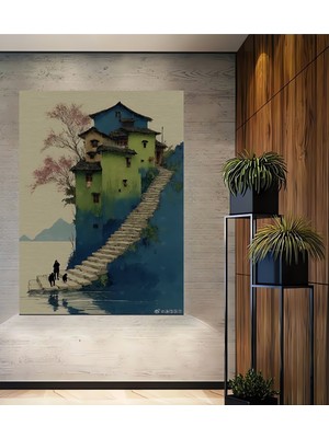 Petmudo AVM Masalsı Yeşil Evler Sulu Boya Görünümlü Ahşap Dekoratif Ev,antre,ofis,mutfak,yatak Odası Tablo