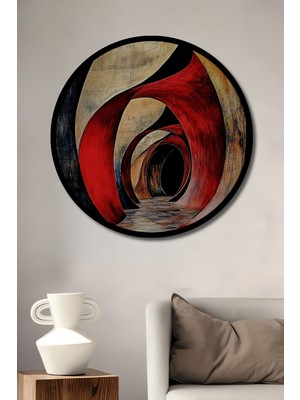 Petmudo AVM Soyut Kırmızı Tünel Yağlı Boya Görünümlü Ahşap Tablo Yuvarlak Duvar Tablosu Çerçeve Görünümlü