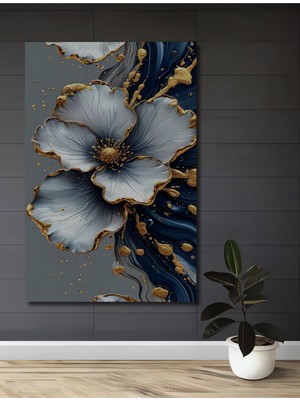 Petmudo AVM Altın Vurgulu Mavi Çiçek Baskı Ahşap Dekoratif Ev,antre,salon,ofis,mutfak,yatak Odası Tablo