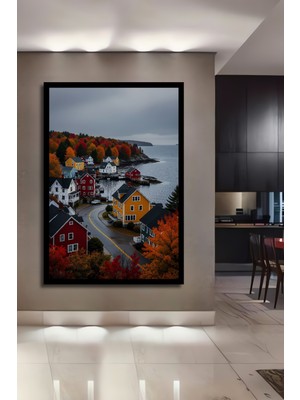 Petmudo AVM Sonbahar Sahili Evleri Yağlı Boya Görünümlü Ahşap Antre,salon,ofis,mutfak Tablo Çerçeve Görünümlü