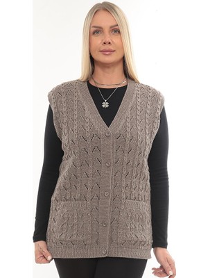 İKSUN Kadın V Yaka Kışlık Kalın Yün Zincir Modelli Triko Düğmeli Cepli Anne Yelek