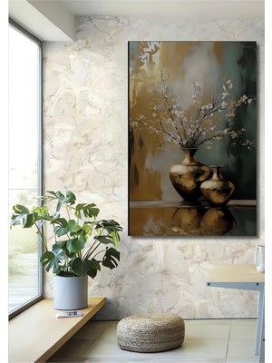 Petmudo AVM Altın Vazo Çiçek Buketi Yağlı Boya Görünümlü Dekoratif Ahşap Ev,antre,salon,ofis,mutfak Tablo