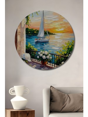Petmudo AVM Yazlık Balon Manzaralı Yelkenli Tablosu Yağlı Boya Görünümlü Modern Sanat Yuvarlak Duvar Tablosu