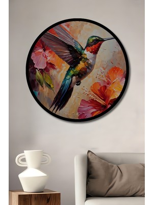 Petmudo AVM Renkli Sinekkuşu Yağlı Boya Görünümlü Dekoratif Ahşap Tablo Yuvarlak Duvar Tablosu Çerçeve Görünümlü