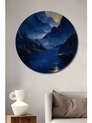 Petmudo AVM Masalsı Dağ Manzarası Sulu Boya Görünümlü Dekoratif Ahşap Tablo Yuvarlak Duvar Tablosu
