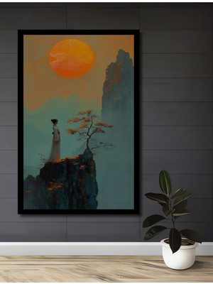 Petmudo AVM Büyük Gün Batımında Kadın Figürü Yağlı Boya Görünümlü Ahşap Ev,antre,ofis Tablo Çerçeve Görünümlü