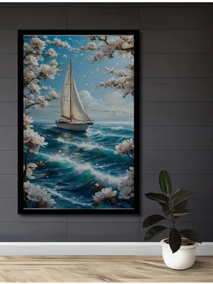 Petmudo AVM Yelkenli Tekne ve Beyaz Çiçekler Yağlı Boya Görünümlü Ahşap Ev,antre,ofis Tablo Çerçeve Görünümlü