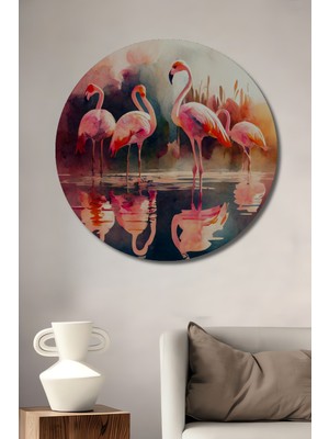 Petmudo AVM Sulu Boya Görünümlü Flamingo Sürüsü Ahşap Dekoratif Tablo Yuvarlak Duvar Tablosu