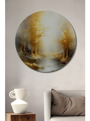 Petmudo AVM Altın Orman Nehrinde Yağlı Boya Görünümlü Modern Soyut Sanat Ahşap Tablo Yuvarlak Duvar Tablosu