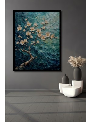 Petmudo AVM Yağlı Boya Görünümlü Beyaz Çiçekli Ağaç Dekoratif Ahşap Ofis,mutfak, Tablo Çerçeve Görünümlü