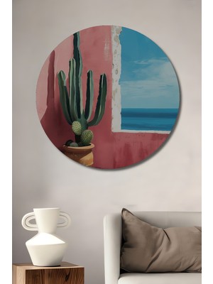Petmudo AVM Pembe Duvar Kaktüs Manzarası Sulu Boya Görünümlü Ahşap Dekoratif Tablo Yuvarlak Duvar Tablosu