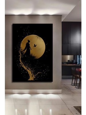 Petmudo AVM Altın Ay Işığında Kadın ve Kuş Silueti Ahşap Ev,antre,ofis,yatak Odası Tablo Çerçeve Görünümlü