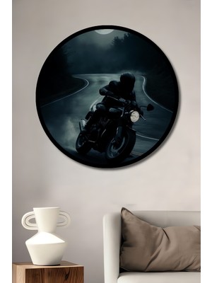 Petmudo AVM Gece Yarısı Motoru Yağlı Boya Görünümlü Ahşap Tablo Yuvarlak Duvar Tablosu Çerçeve Görünümlü