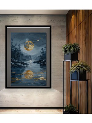 Petmudo AVM Büyülü Ay Işığı Orman Manzarası Yağlı Boya Görünümlü Ahşap Ev,antre,ofis Tablo Çerçeve Görünümlü
