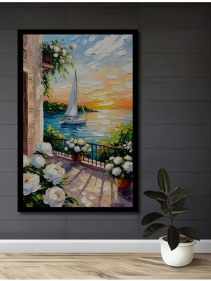 Petmudo AVM Yazlık Balon Manzaralı Yelkenli Ev,ofis Tablosu Yağlı Boya Görünümlü Modern Sanat Çerçeve Görünümlü