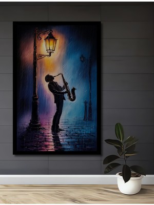 Petmudo AVM Yağlı Boya Görünümlü Saksafon Çalan Adam Ahşap Ev,antre,salon,ofis,mutfak Tablo Çerçeve Görünümlü