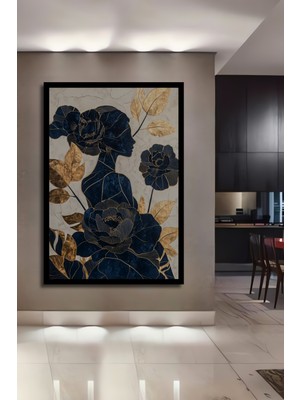 Petmudo AVM Altın Varaklı Mavi Kadın Çiçek Baskı Ahşap Ev,antre,ofis,mutfak,yatak Odası Tablo Çerçeve Görünümlü