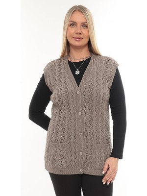 İKSUN Kadın V Yaka Kalın Yün Kaz Ayağı Modelli Triko Düğmeli Cepli Anne Yelek