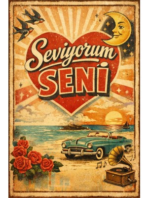 BiveSa "seviyorum Seni" Retro Ahşap Poster