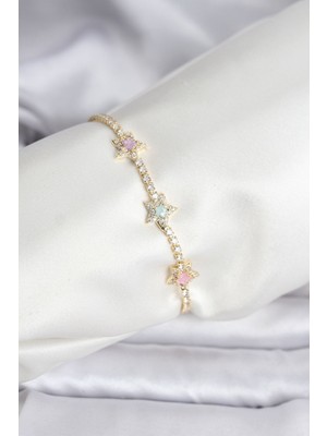 Ayder Timya Renkli Yıldız Model Zirkon Taşlı Gold Renk Pirinç Su Yolu Kadın Bileklik - TJ-BB8100 TG/Tmya1395 226450