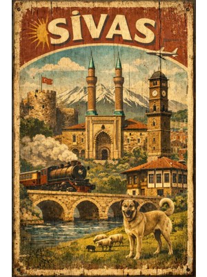 BiveSa Sivas Ili Retro Ahşap Poster