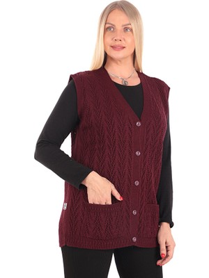 İKSUN Kadın V Yaka Kalın Yün Kaz Ayağı Modelli Triko Düğmeli Cepli Anne Yelek