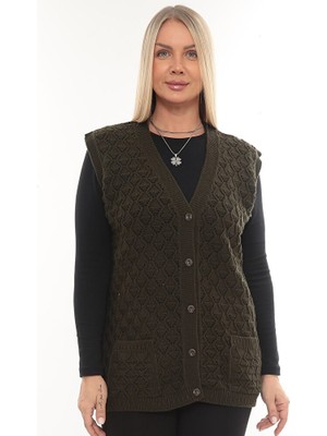 İKSUN Kadın V Yaka Kalın Yün Baklava Model Triko Düğmeli Cepli Kışlık Anne Yelek