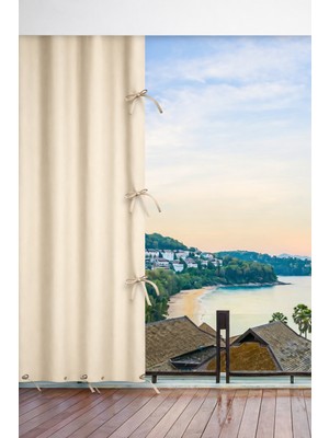 Taç Bej Su Geçirmez Balkon Perdesi | Lüks Kornisli Bağcıklı Branda Balkon Brandası