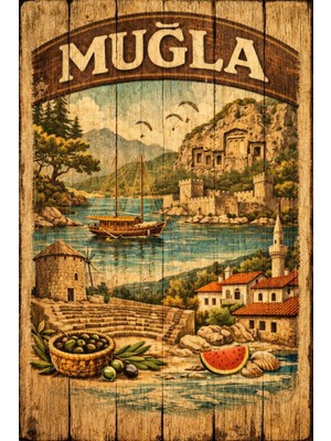 BiveSa Muğla Ili Retro Ahşap Poster
