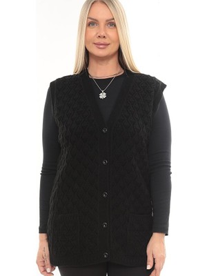 İKSUN Kadın V Yaka Kalın Yün Baklava Model Triko Düğmeli Cepli Kışlık Anne Yelek