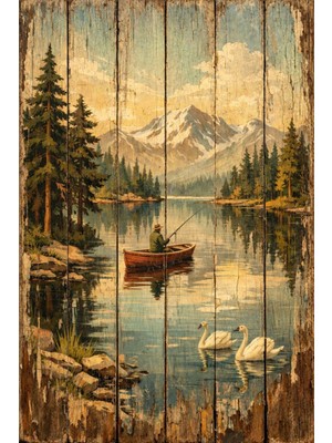 BiveSa Doğa ve Balıkçı Temalı Retro Ahşap Poster