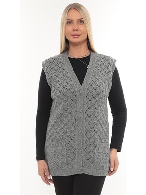 İKSUN Kadın V Yaka Kalın Yün Baklava Model Triko Düğmeli Cepli Kışlık Anne Yelek