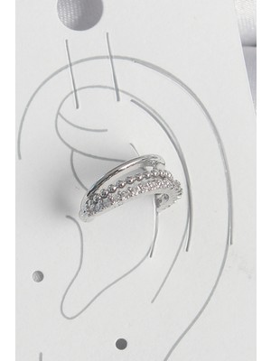 S'82 Pirinç Gümüş Renk Zirkon Taşlı 3'lü Sıralı Kadın Kıkırdak Küpe