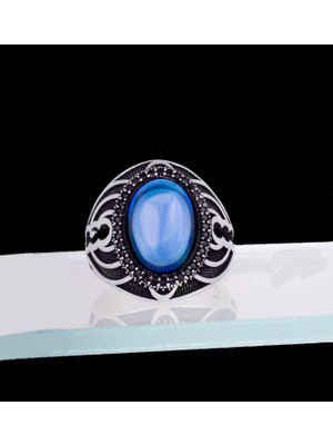 Yıldırım Mavi Doğal  Taşlı 925 Ayar Gümüş Erkek Yüzük – Klasik Desenli Tasarım
