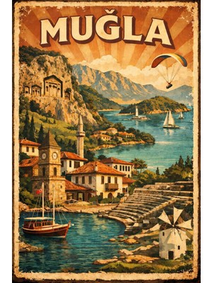 BiveSa Muğla Deniz Retro Ahşap Poster