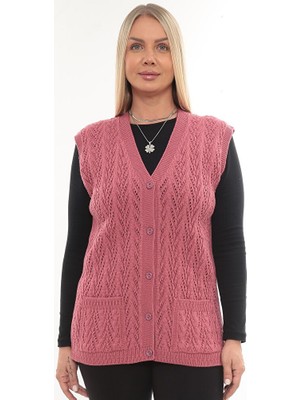 İKSUN Kadın V Yaka Kalın Yün Kaz Ayağı Modelli Triko Düğmeli Cepli Anne Yelek