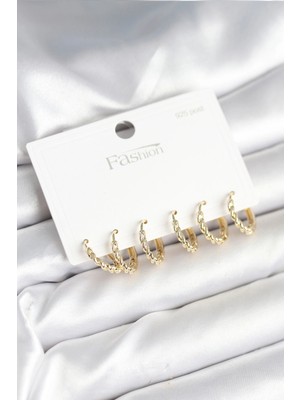 S'82 Gold Renk Burgu Halka Model 925 Ayar Gümüş Çivili Pirinç Küpe Seti