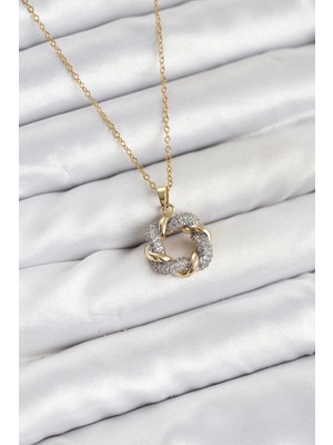 S'82 316L Çelik Zincir Gold Renk Zirkon Taşlı Sarmal Model Kadın Kolye