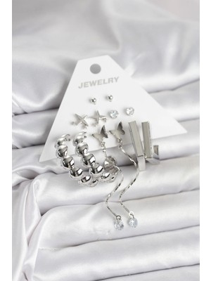 S'82 Gümüş Renk Pirinç 6'lı Kadın Küpe Seti