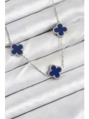 S'82 316L Çelik Zincir Gümüş Lacivert Renk Yonca Kadın Kolye