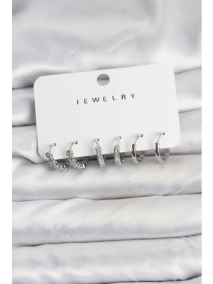 S'82 Gümüş Renk Pirinç Zirkon Taşlı Kadın Küpe Seti