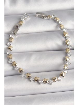 S'82 Pirinç Gümüş Renk Zirkon Taşlı Gold Kalpli Vıp Seri Kadın Bileklik