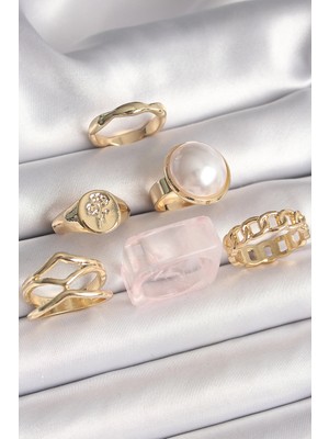 S'82 Pirinç Gold Renk Beyaz Incili Zincir Yüzük Figür Işleme Detay 6'lı Kadın Yüzük Seti